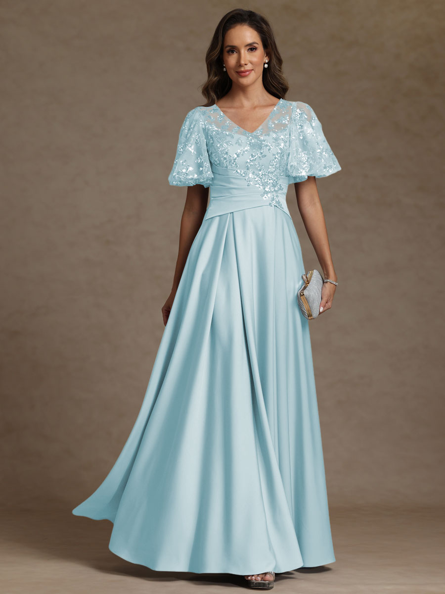 A-Line/Princess V-Neck Illusion Pleated Satin Floor-Length Mother of the Bride Dress