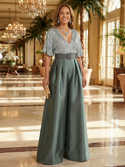Jumpsuit V Neck Half Sleeve Long Sparkling Mother of the Bride Dresses with Belt