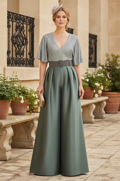 Jumpsuit V Neck Half Sleeve Long Sparkling Mother of the Bride Dresses with Belt