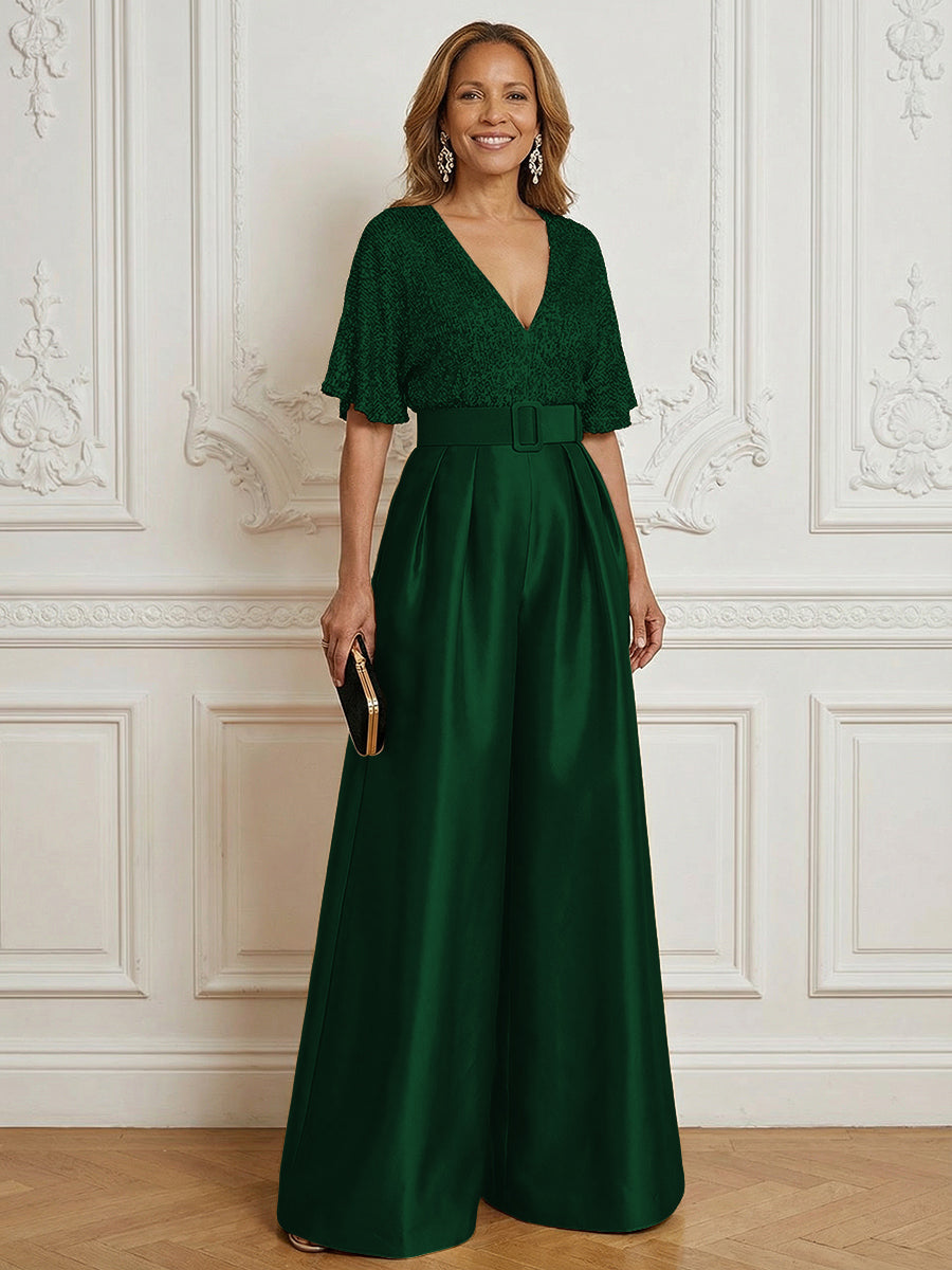 Jumpsuit V Neck Half Sleeve Long Sparkling Mother of the Bride Dresses with Belt