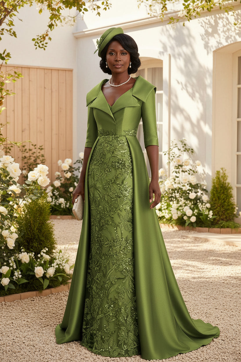Sheath V Neck 3/4 Sleeve Sequined Mother of the Bride Dresses with Appliques