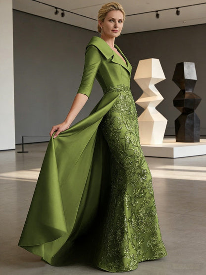Sheath V Neck 3/4 Sleeve Sequined Mother of the Bride Dresses with Appliques
