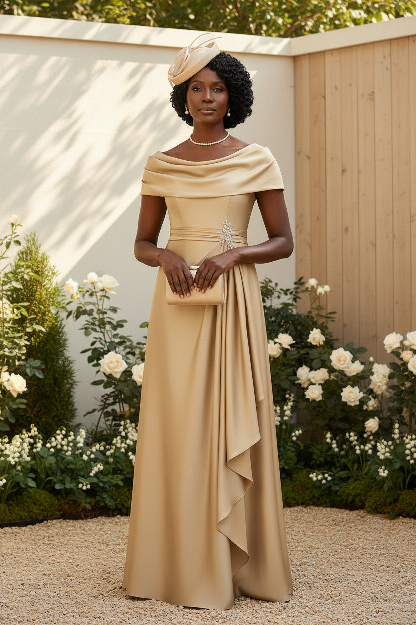 A-Line Scoop Neck Ruched Floor-Length Mother of the Bride Dresses with Ruffle