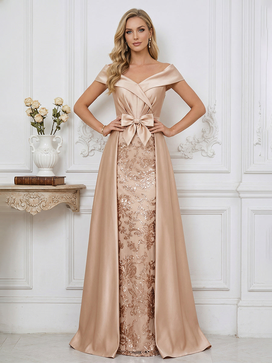 A Line Off Shoulder Ruched Elegant Mother of the Bride Dresses with Bow & Appliques
