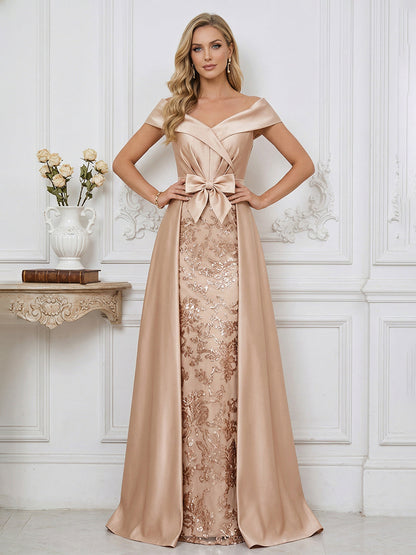 A Line Off Shoulder Ruched Elegant Mother of the Bride Dresses with Bow & Appliques