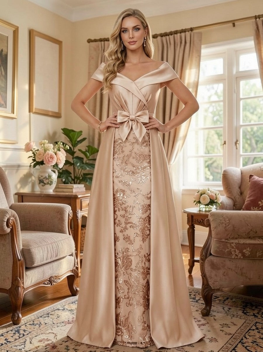 A Line Off Shoulder Ruched Elegant Mother of the Bride Dresses with Bow & Appliques