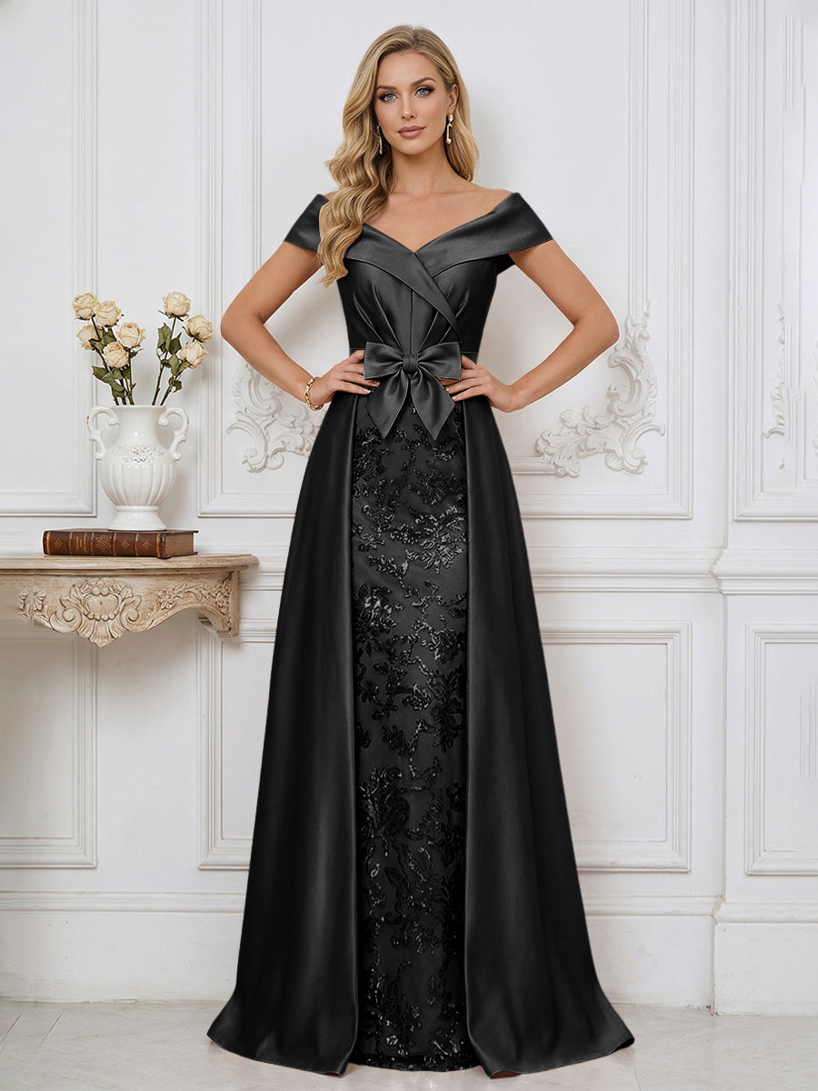 A Line Off Shoulder Ruched Elegant Mother of the Bride Dresses with Bow & Appliques