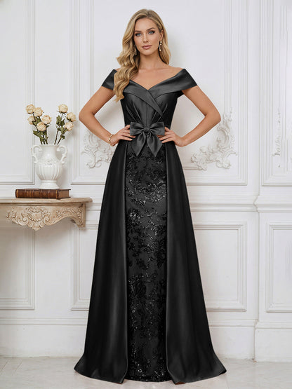 A Line Off Shoulder Ruched Elegant Mother of the Bride Dresses with Bow & Appliques