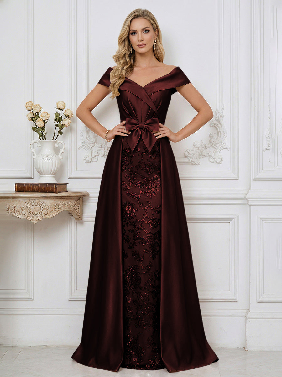 A Line Off Shoulder Ruched Elegant Mother of the Bride Dresses with Bow & Appliques