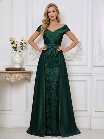 A Line Off Shoulder Ruched Elegant Mother of the Bride Dresses with Bow & Appliques