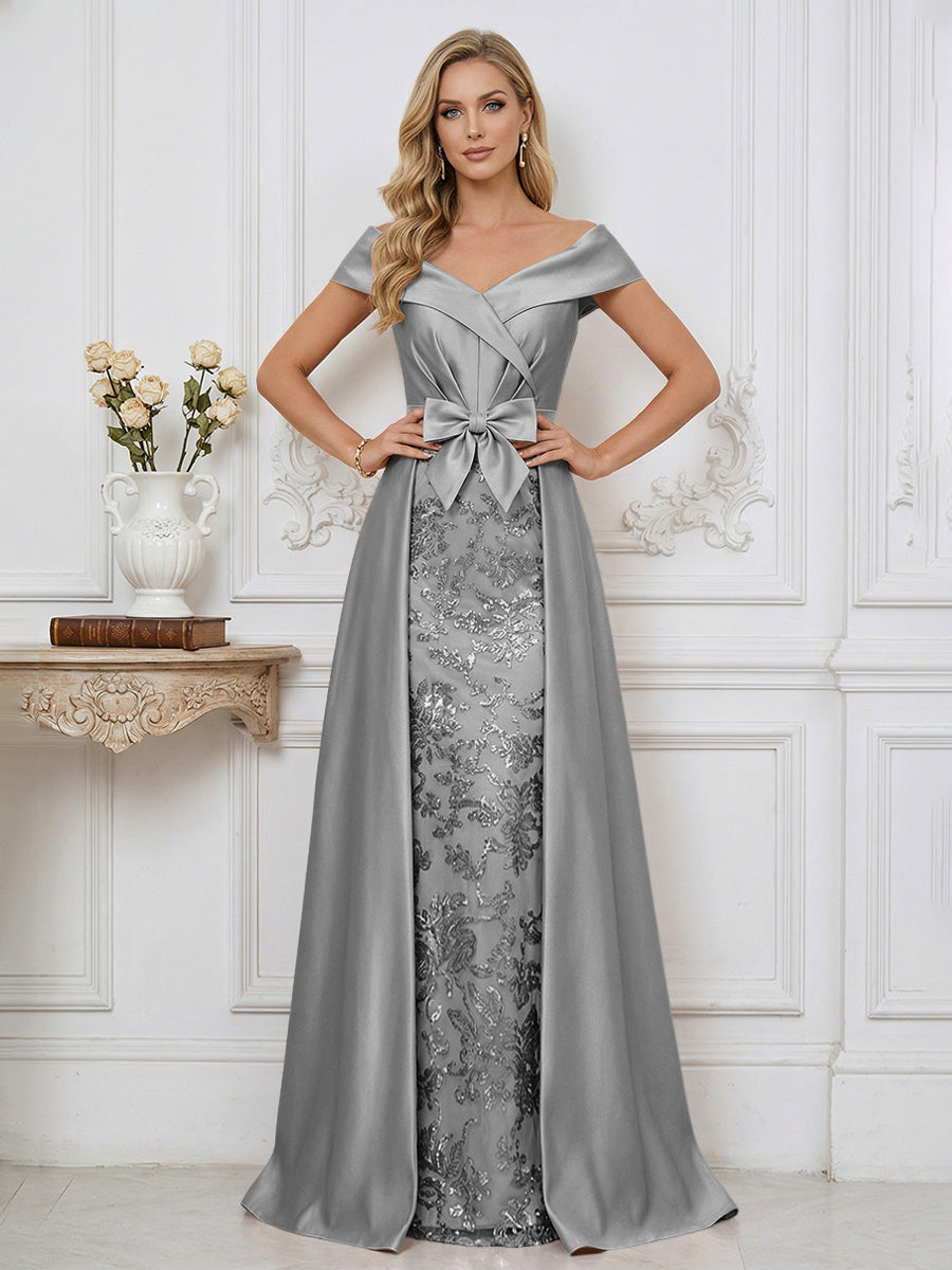 A Line Off Shoulder Ruched Elegant Mother of the Bride Dresses with Bow & Appliques