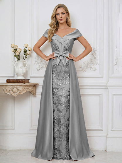 A Line Off Shoulder Ruched Elegant Mother of the Bride Dresses with Bow & Appliques