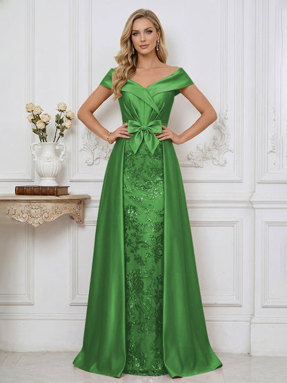 A Line Off Shoulder Ruched Elegant Mother of the Bride Dresses with Bow & Appliques