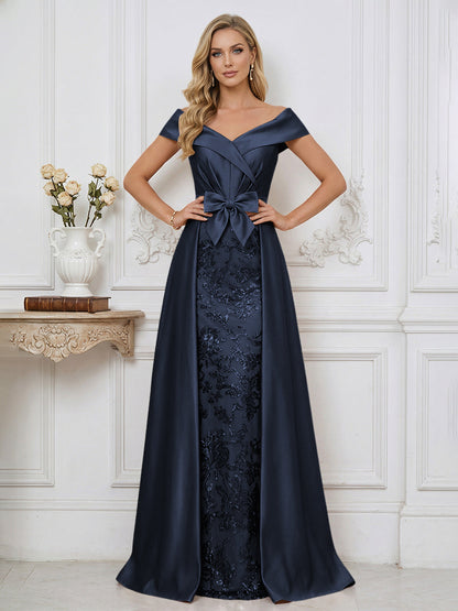 A Line Off Shoulder Ruched Elegant Mother of the Bride Dresses with Bow & Appliques