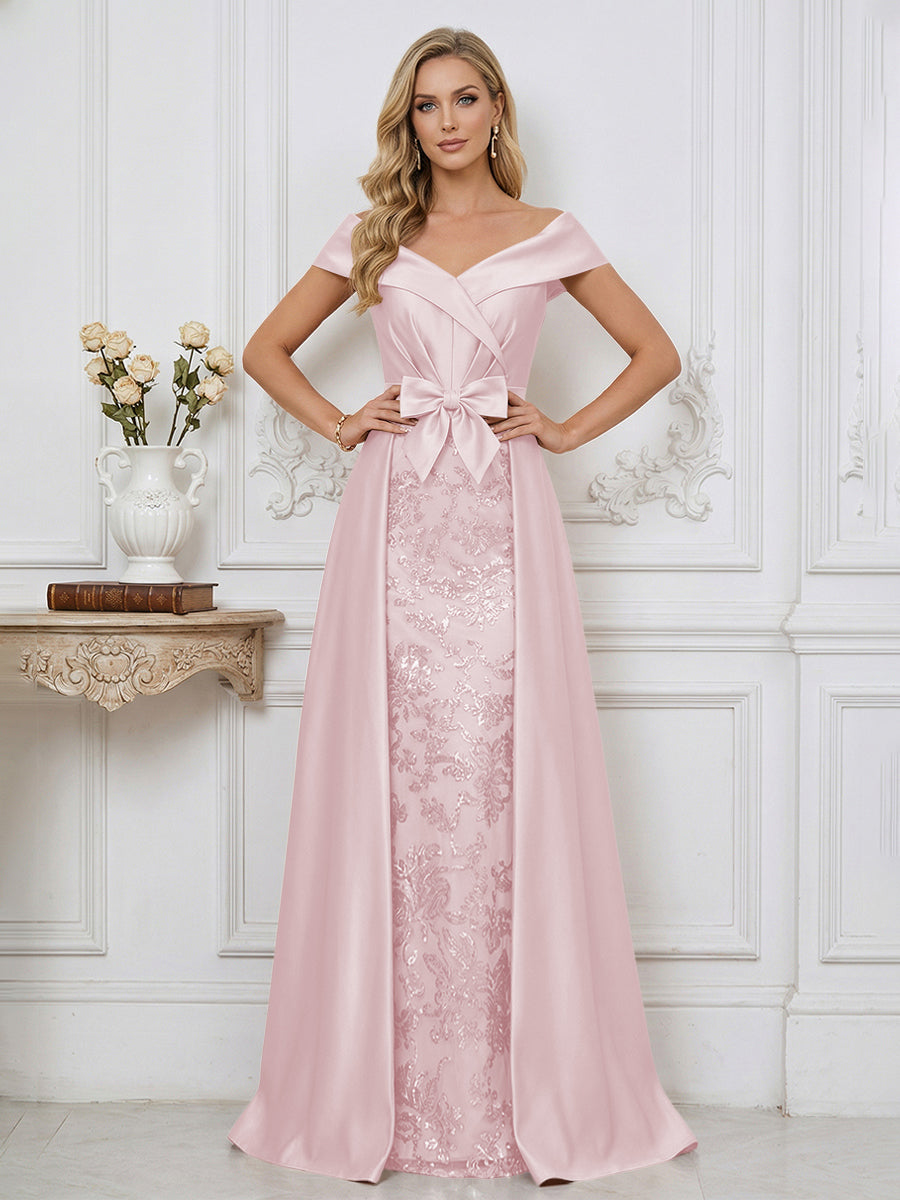 A Line Off Shoulder Ruched Elegant Mother of the Bride Dresses with Bow & Appliques