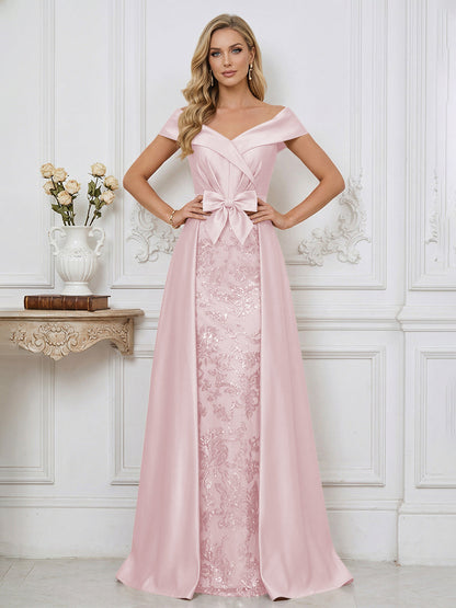 A Line Off Shoulder Ruched Elegant Mother of the Bride Dresses with Bow & Appliques
