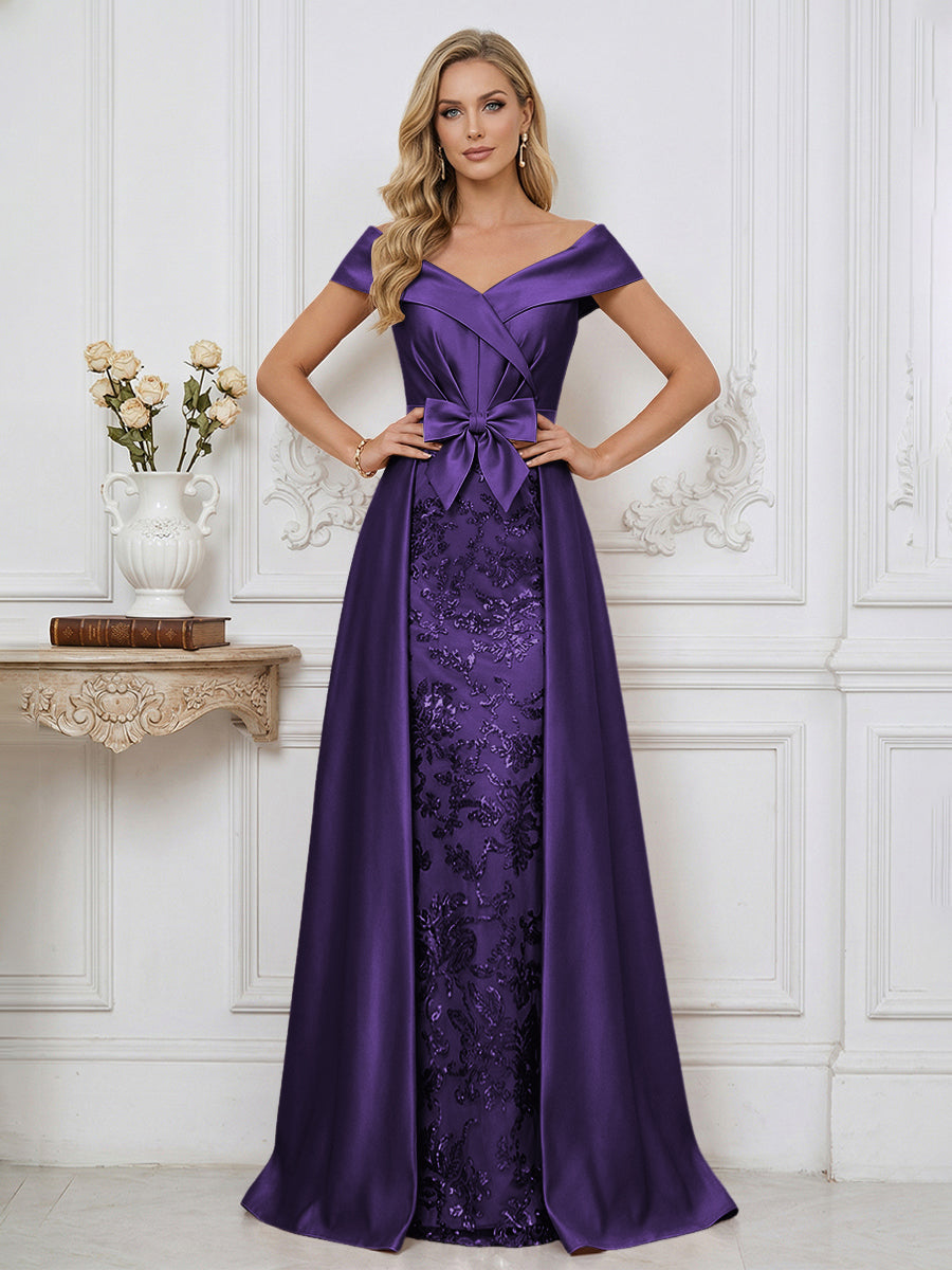 A Line Off Shoulder Ruched Elegant Mother of the Bride Dresses with Bow & Appliques