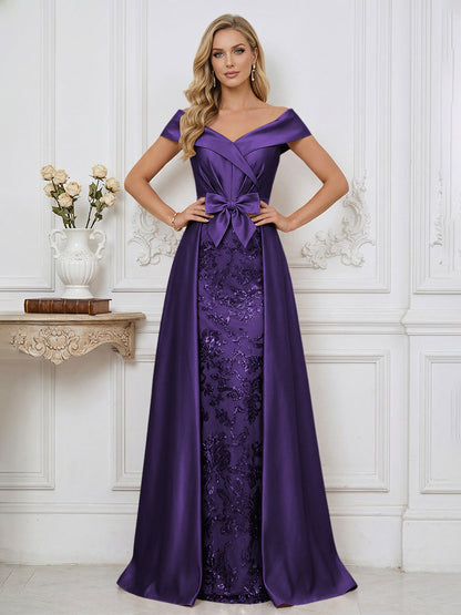 A Line Off Shoulder Ruched Elegant Mother of the Bride Dresses with Bow & Appliques
