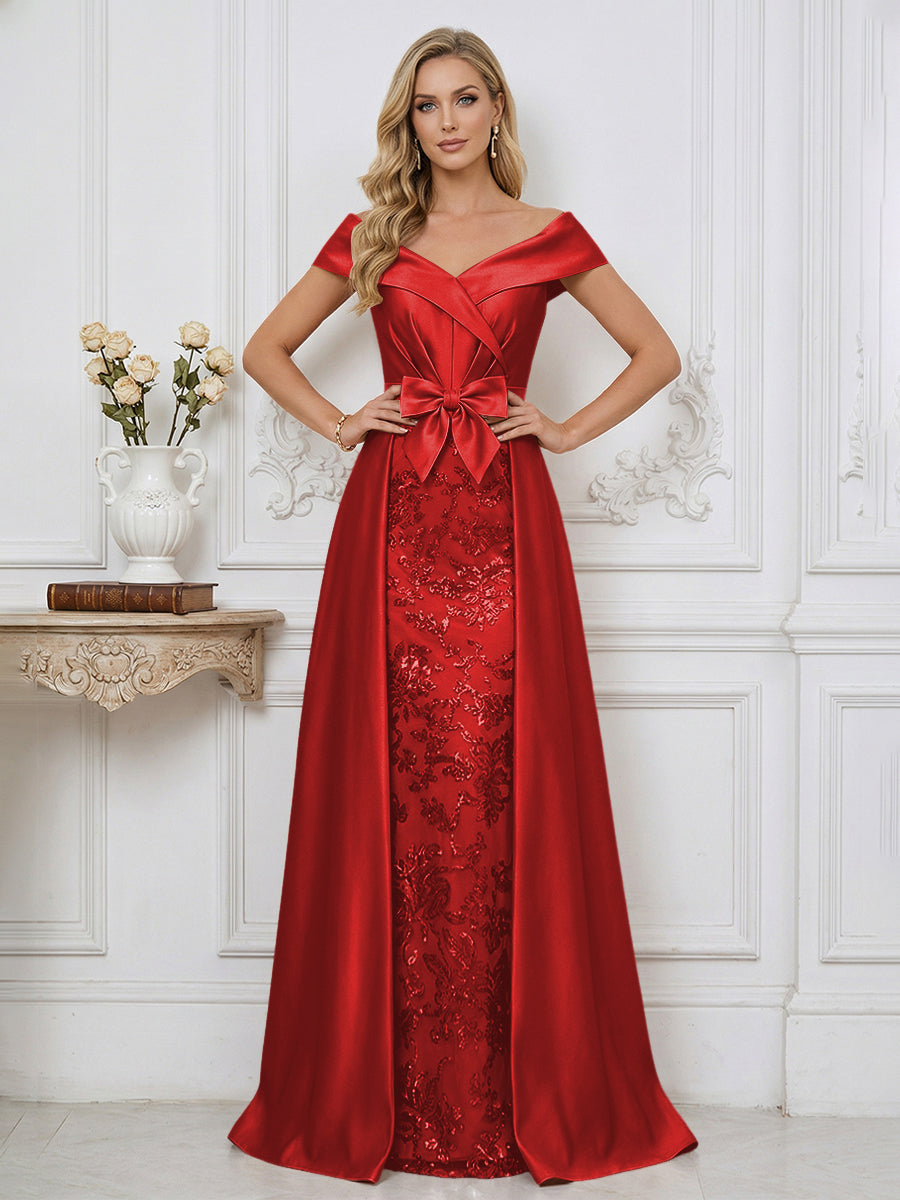 A Line Off Shoulder Ruched Elegant Mother of the Bride Dresses with Bow & Appliques
