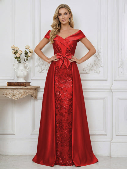A Line Off Shoulder Ruched Elegant Mother of the Bride Dresses with Bow & Appliques