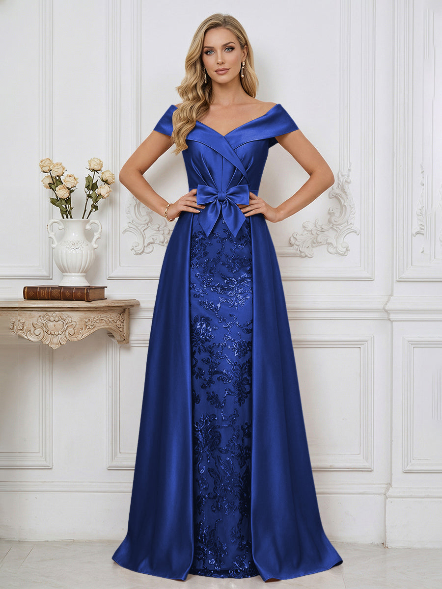 A Line Off Shoulder Ruched Elegant Mother of the Bride Dresses with Bow & Appliques