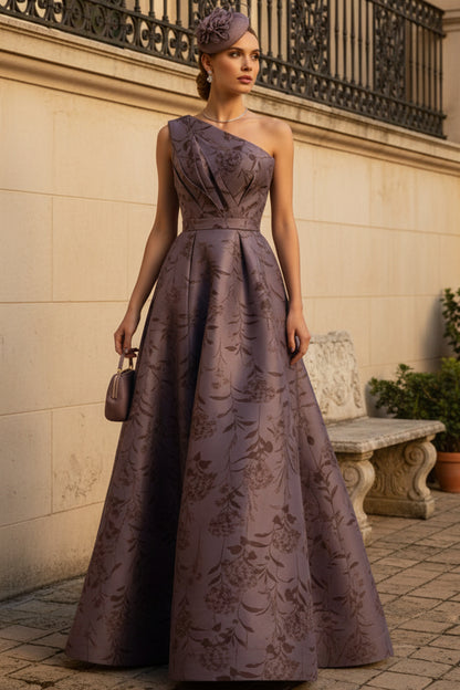 A-Line Satin Floral Print One Shoulder Mother of the Bride Dresses Floor-Length Ball Gown