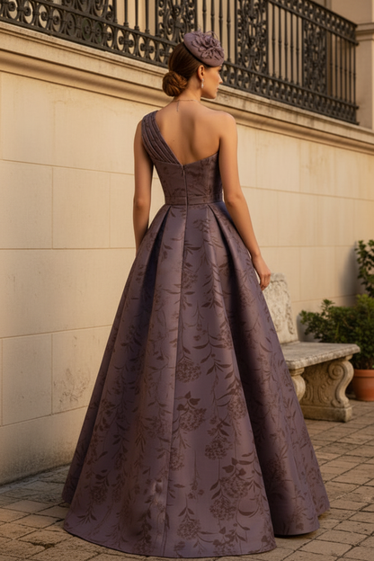 A-Line Satin Floral Print One Shoulder Mother of the Bride Dresses Floor-Length Ball Gown