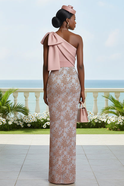 Sheath Satin One Shoulder Floor Length Mother of the Bride Dresses with Jacquard