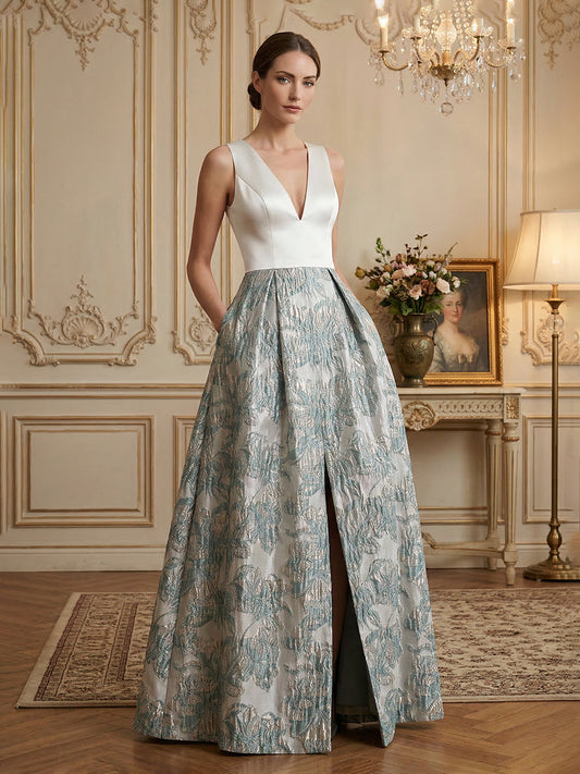 V-Neck Jacquard Satin Ruched Mother of the Bride Dresses