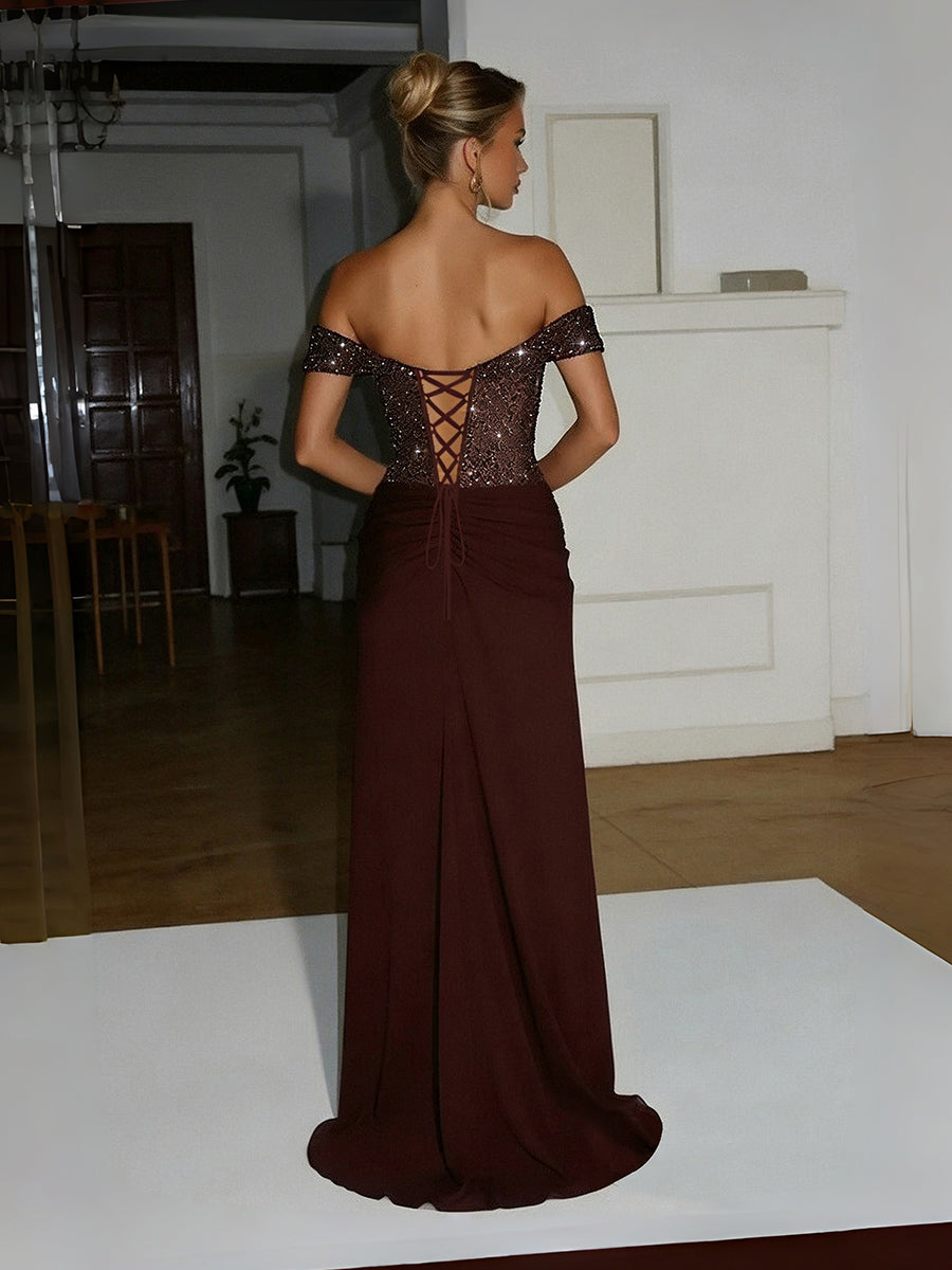 Sheath/Column Off-Shoulder Sweetheart Sparkly Floor-Length Formal Evening Dresses with Ruched Satin