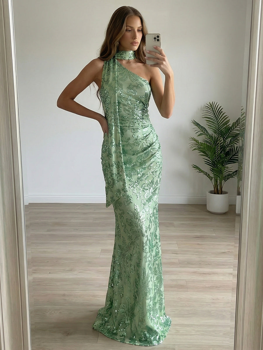 Floral Sequin One Shoulder Ruched Floor-Length Evening Dresses with Scarf