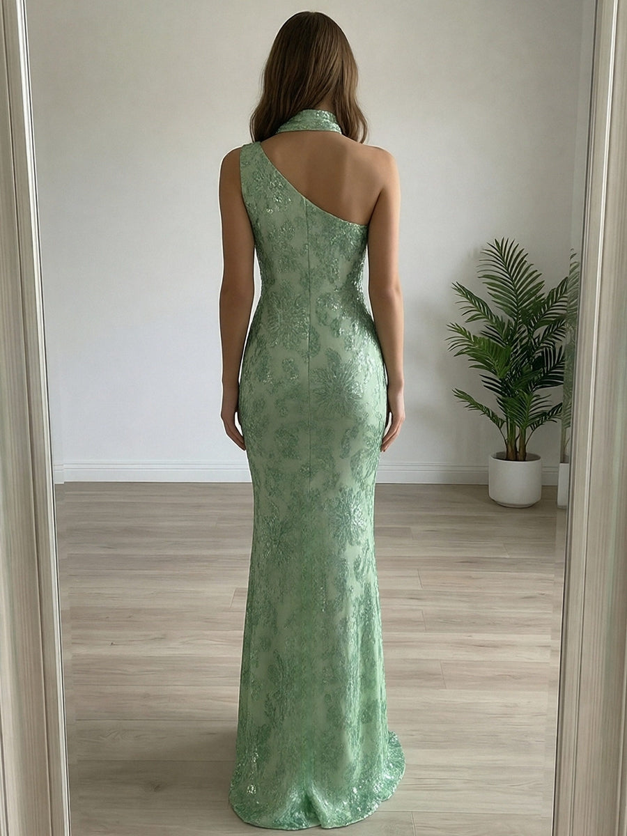 Floral Sequin One Shoulder Ruched Floor-Length Evening Dresses with Scarf