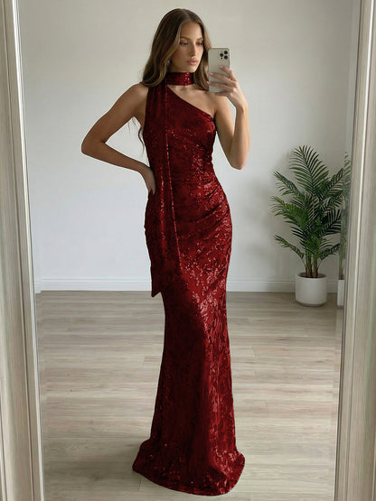Floral Sequin One Shoulder Ruched Floor-Length Evening Dresses with Scarf
