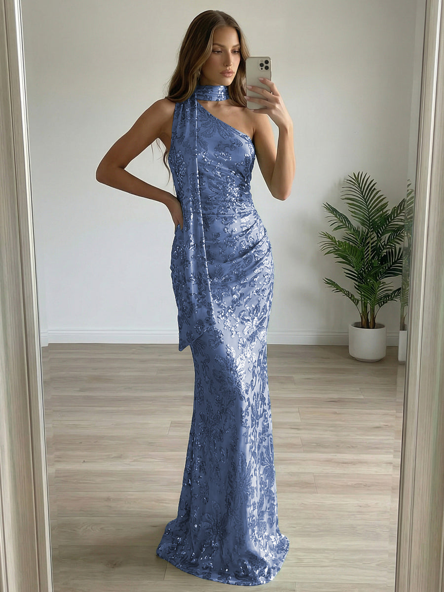 Floral Sequin One Shoulder Ruched Floor-Length Evening Dresses with Scarf