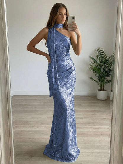Floral Sequin One Shoulder Ruched Floor-Length Evening Dresses with Scarf