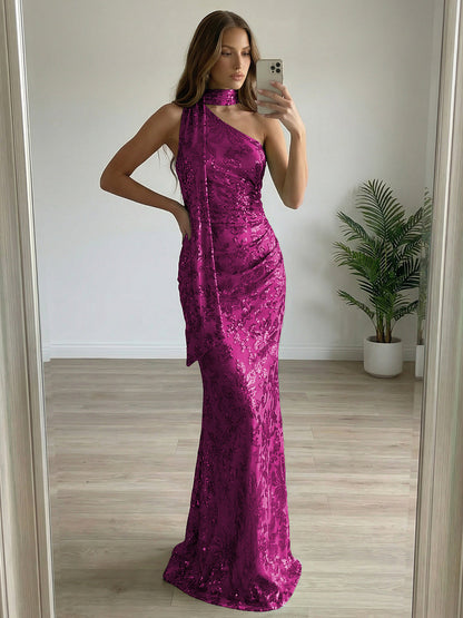 Floral Sequin One Shoulder Ruched Floor-Length Evening Dresses with Scarf
