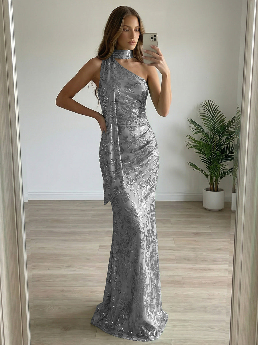 Floral Sequin One Shoulder Ruched Floor-Length Evening Dresses with Scarf
