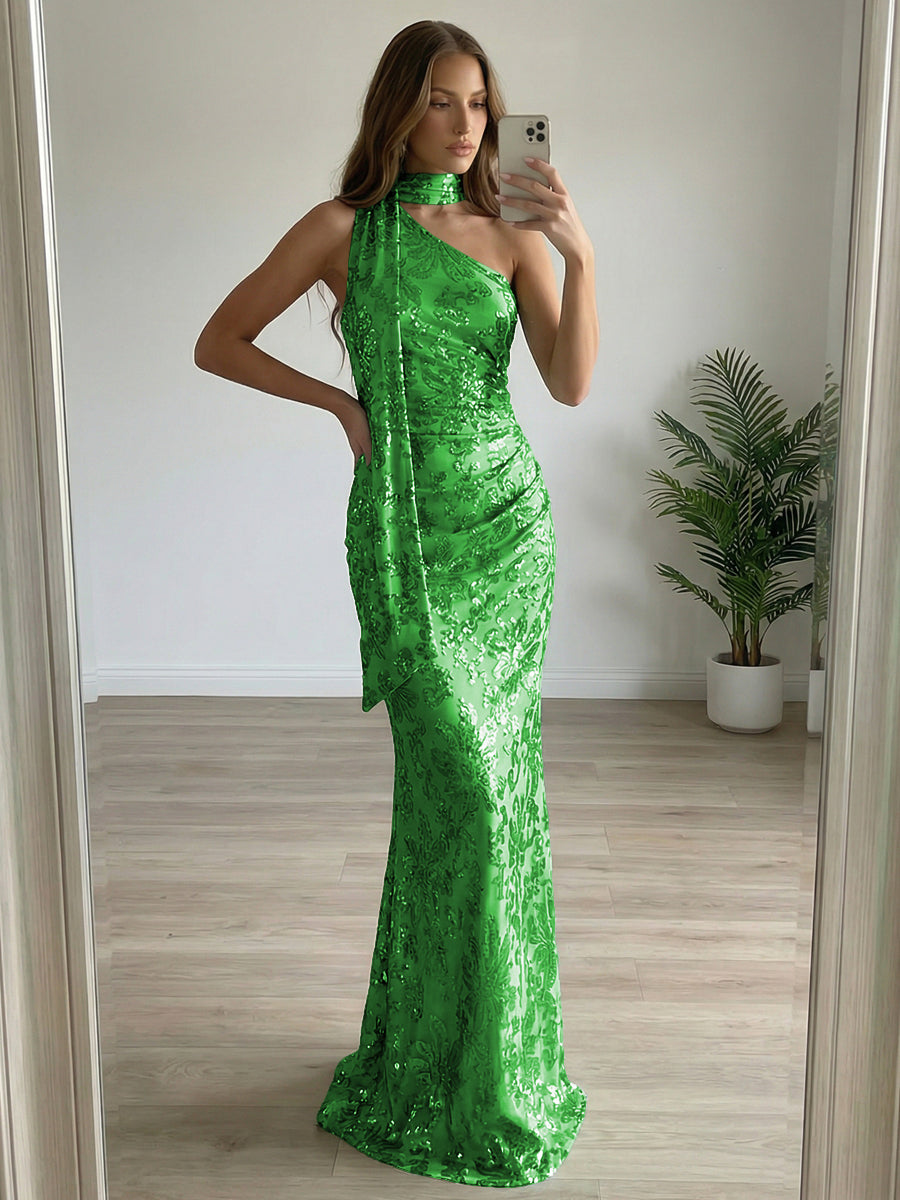 Floral Sequin One Shoulder Ruched Floor-Length Evening Dresses with Scarf