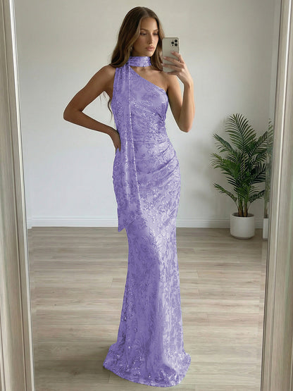 Floral Sequin One Shoulder Ruched Floor-Length Evening Dresses with Scarf