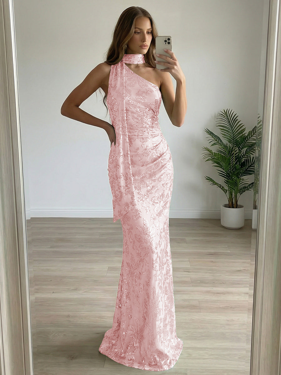 Floral Sequin One Shoulder Ruched Floor-Length Evening Dresses with Scarf