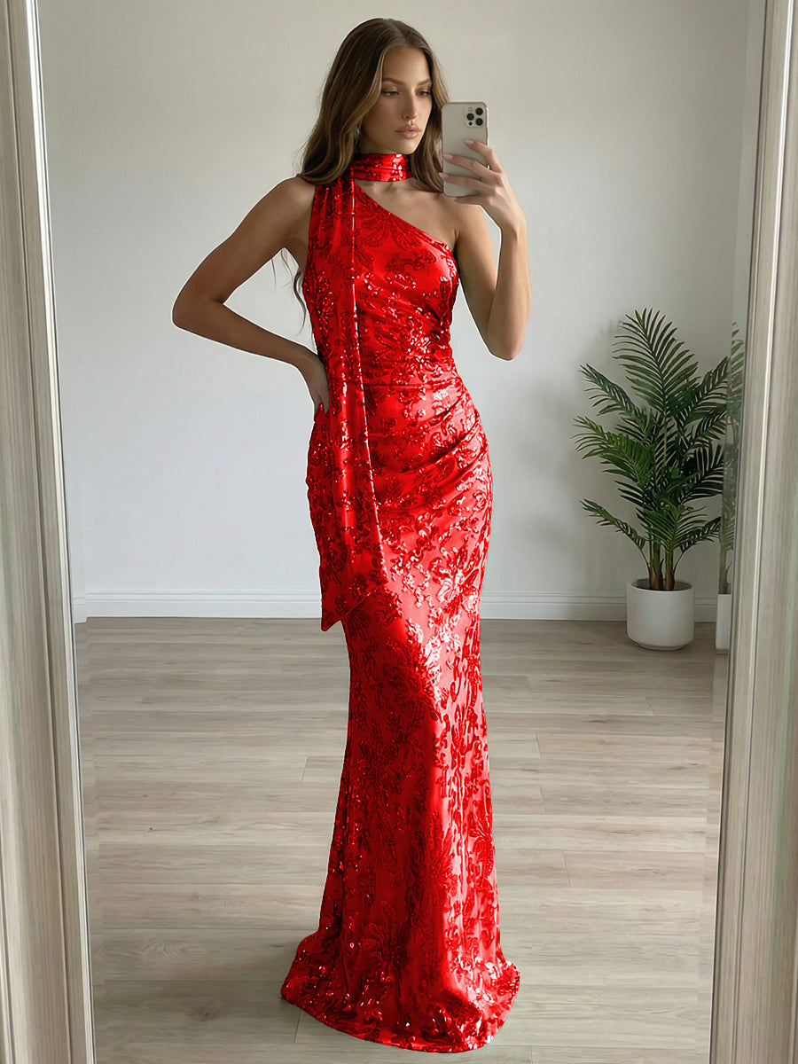 Floral Sequin One Shoulder Ruched Floor-Length Evening Dresses with Scarf
