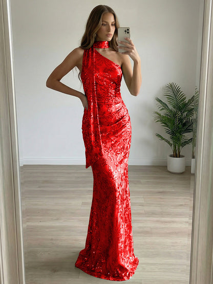 Floral Sequin One Shoulder Ruched Floor-Length Evening Dresses with Scarf