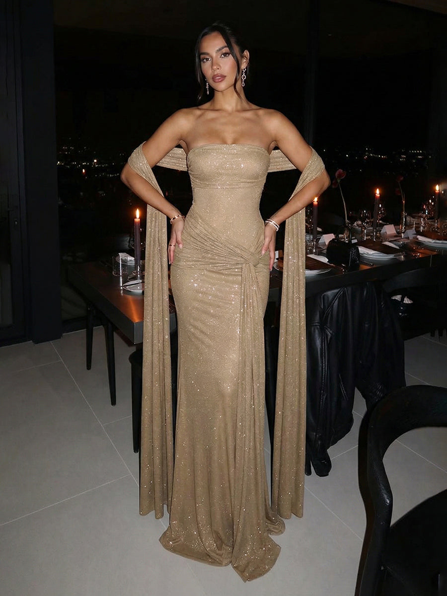 Glitter Stretch Jersey Strapless Ruched Sheath Maxi Evening Dresses with Scarf