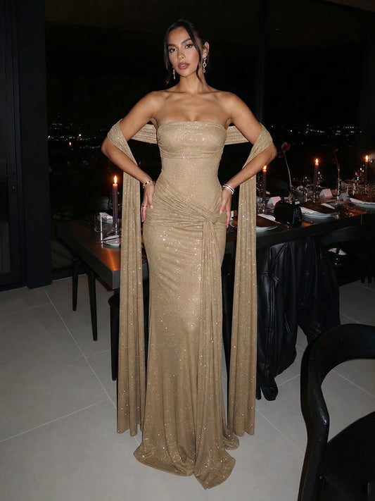Glitter Stretch Jersey Strapless Ruched Sheath Maxi Evening Dresses with Scarf