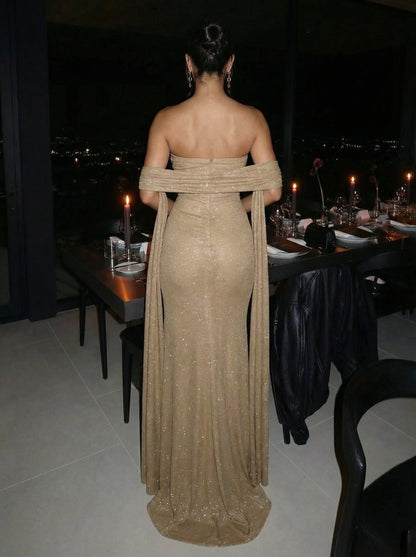 Glitter Stretch Jersey Strapless Ruched Sheath Maxi Evening Dresses with Scarf