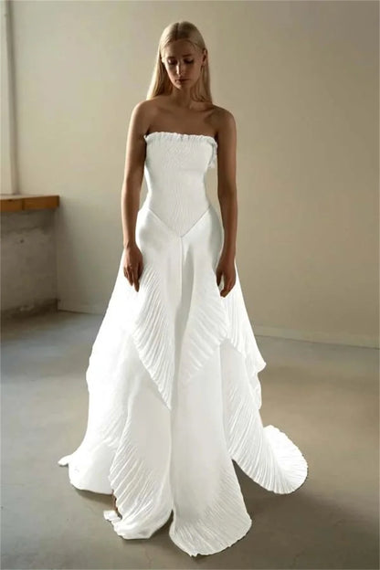 Strapless Pleated Asymmetrical Prom Dresses Elegant Sleeveless Floor-Length Formal Evening