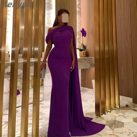 One Shoulder Purple Prom Dresses customized Train Mermaid Evening Dresses Long Satin Party Gown For Women