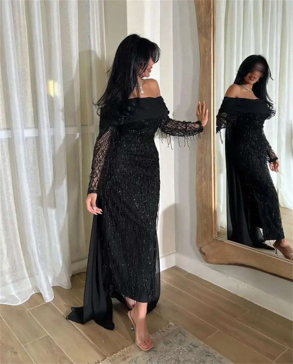Elegant Purple Off Shoulder Prom Dresses Glitter Mermaid Pleats Evening Dress Chiffon Draped Customized vestidos de fiesta