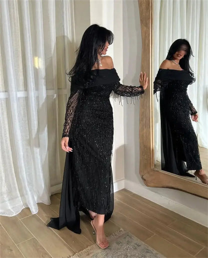 Elegant Purple Off Shoulder Prom Dresses Glitter Mermaid Pleats Evening Dress Chiffon Draped Customized vestidos de fiesta