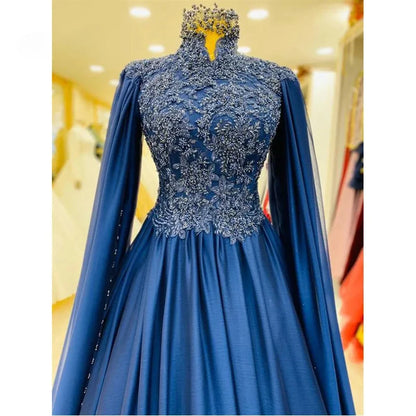Elegant Chiffon Appliques Beaded Muslim Prom Dress 2025 Saudi Arabic Islamic Evening Formal Party Ball Gowns with Cape